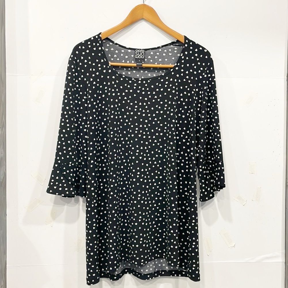 CLARA SUN WOO Women Tunic Top butter knit Hi Low hem‎ abstract floral Blk Sz Lg